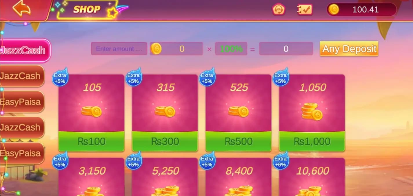 Lucky 101 deposit screen with JazzCash and EasyPaisa coin packs