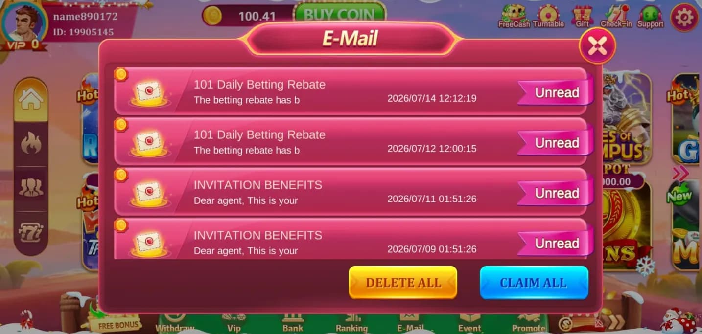 Lucky 101 in-app mailbox showing daily rebate and invitation bonus rewards