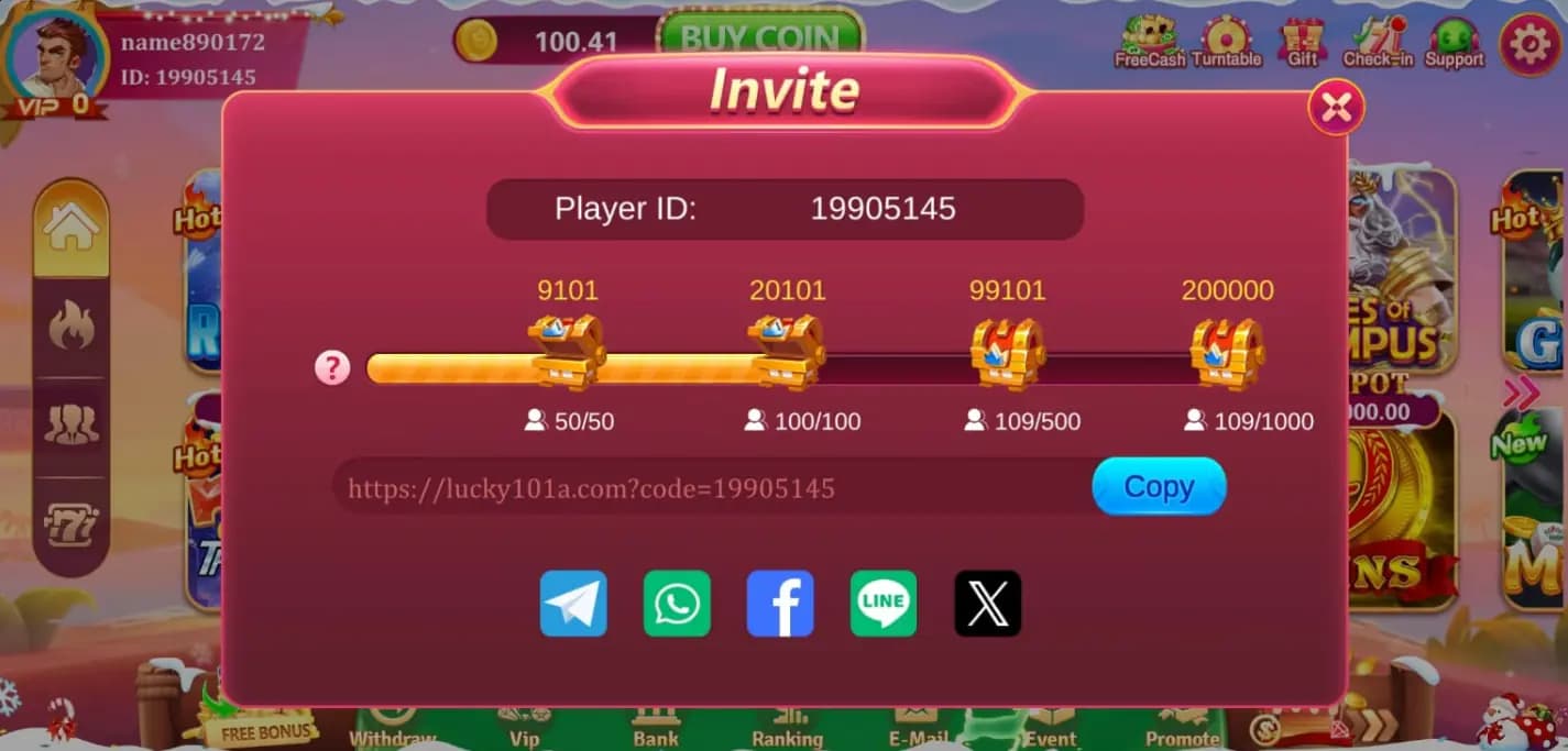 Lucky 101 invite screen with your referral link and share buttons